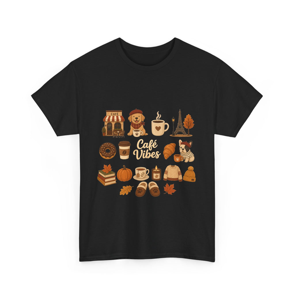 Cafe Vibes Tee — Cozy Autumn Coffee, Dogs & Pumpkin Graphic T-Shirt