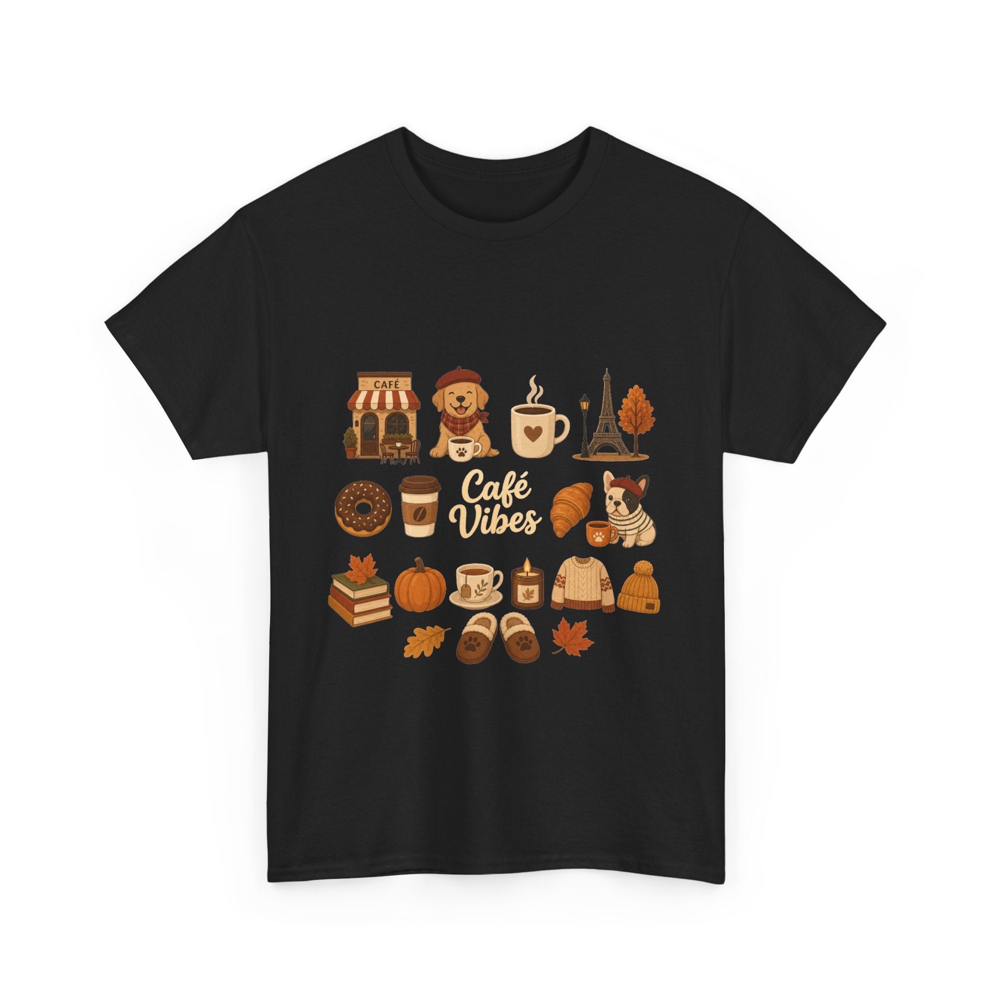 Cafe Vibes Tee — Cozy Autumn Coffee, Dogs & Pumpkin Graphic T-Shirt
