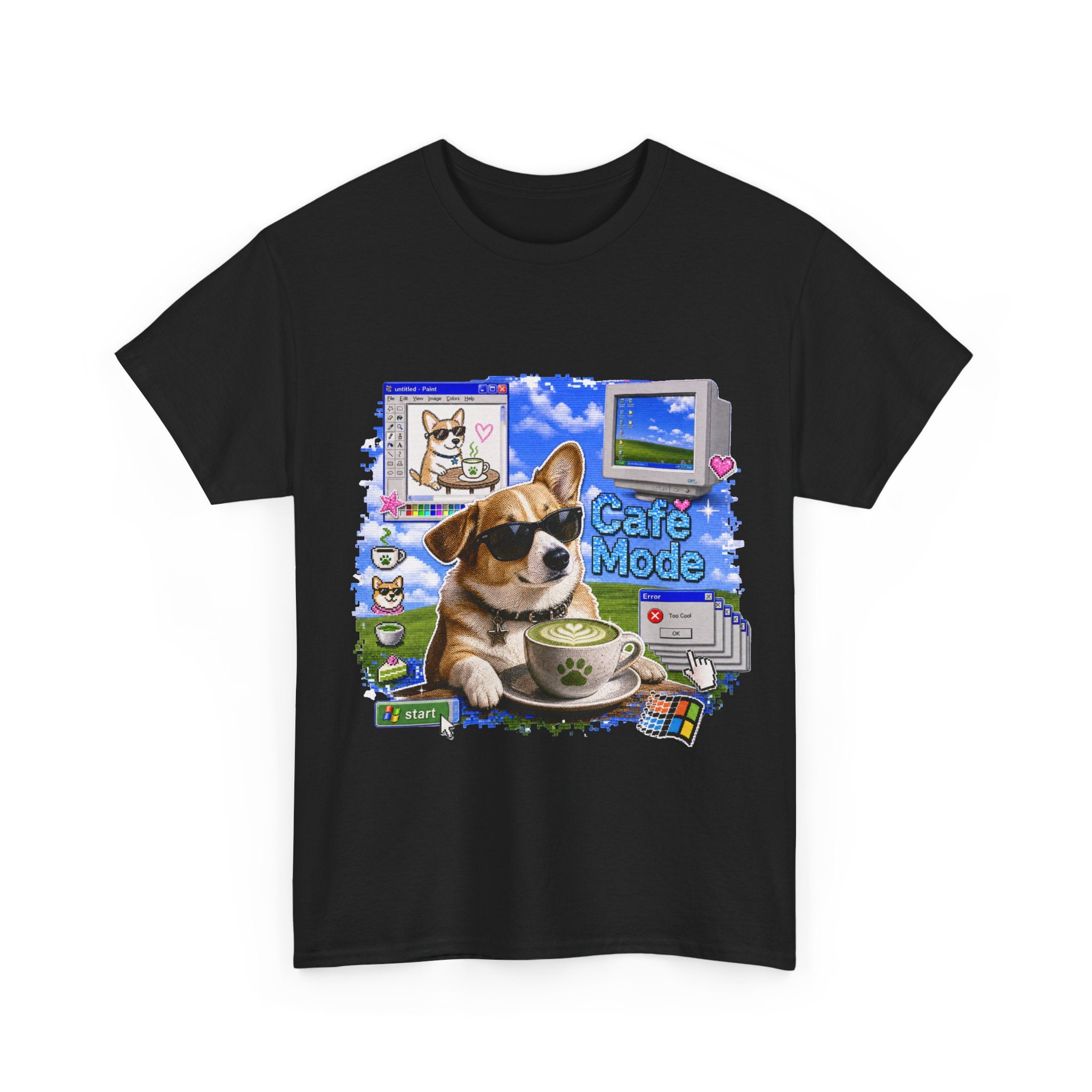 Café Mode Tee — Retro Vaporwave Corgi Coffee T-Shirt