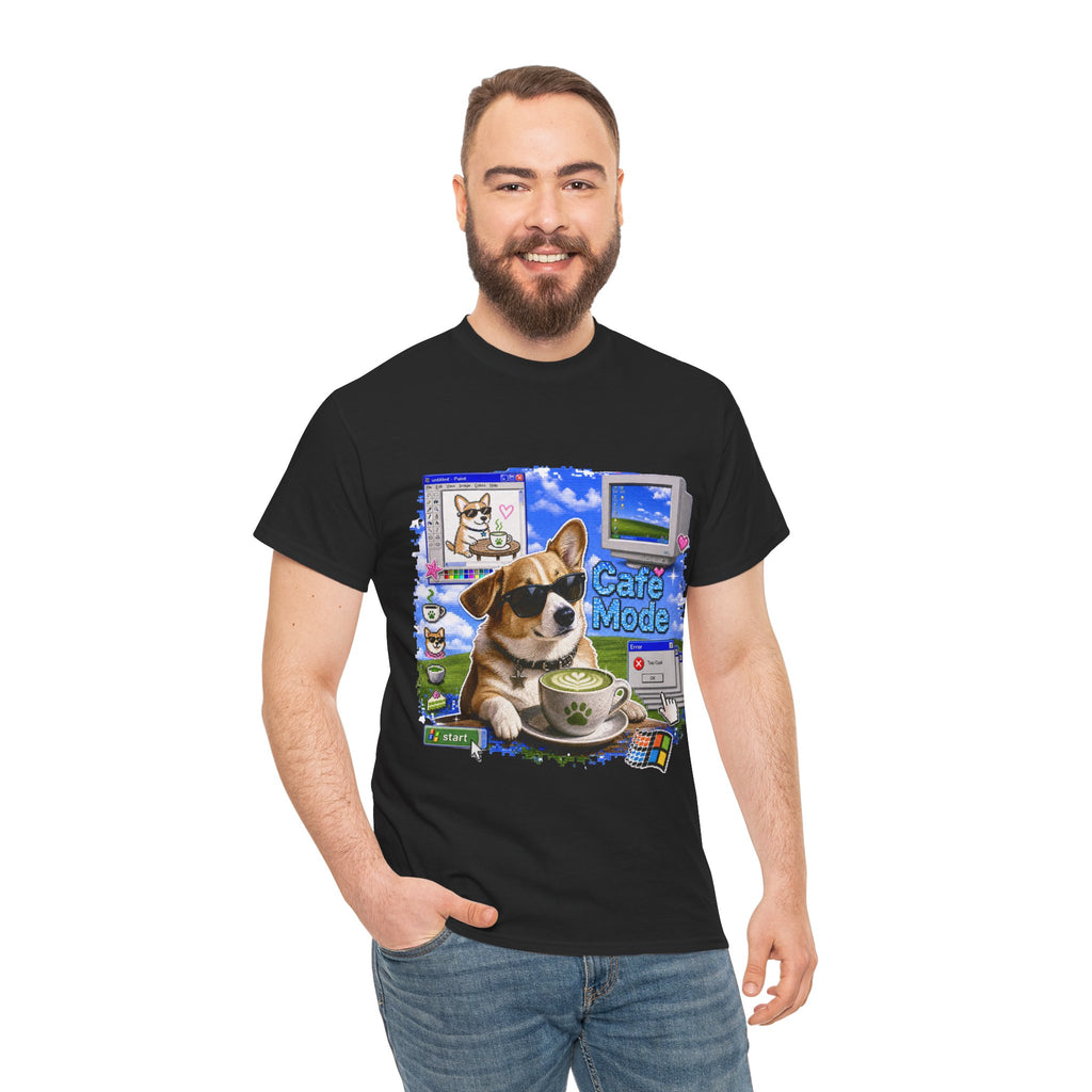 Café Mode Tee — Retro Vaporwave Corgi Coffee T-Shirt