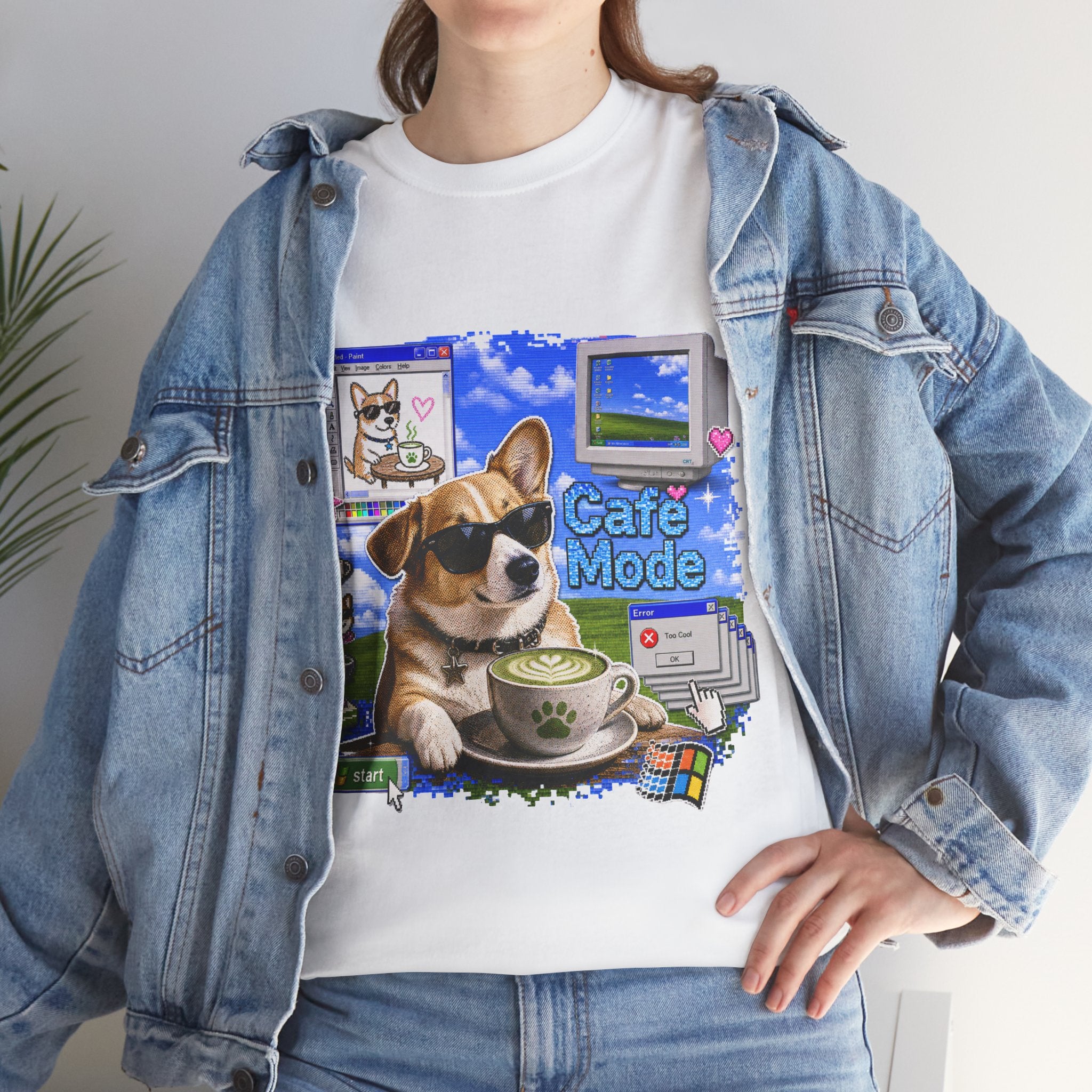 Café Mode Tee — Retro Vaporwave Corgi Coffee T-Shirt