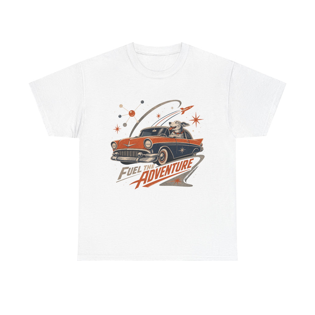 Retro Space Dog Driving Classic Car Tee | Vintage Rocket Adventure