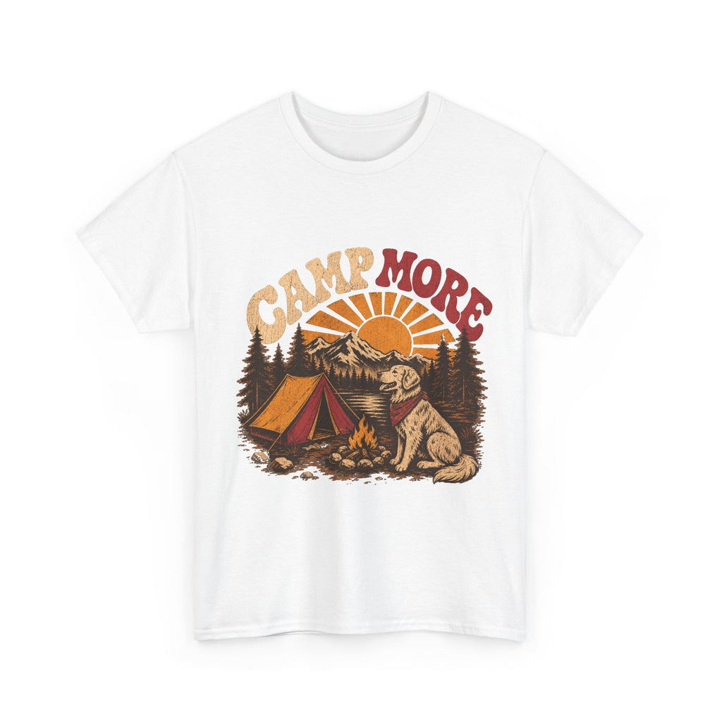 Camp More Camping T-Shirt — Retro Sunset Tent & Dog Outdoor Tee