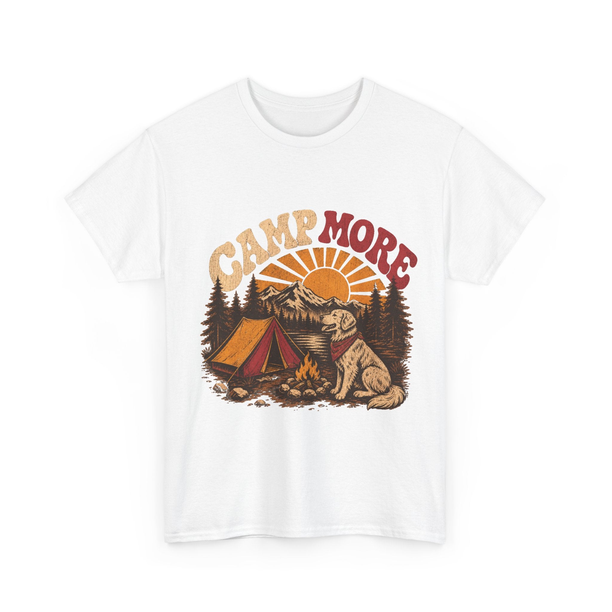 Camp More Camping T-Shirt — Retro Sunset Tent & Dog Outdoor Tee