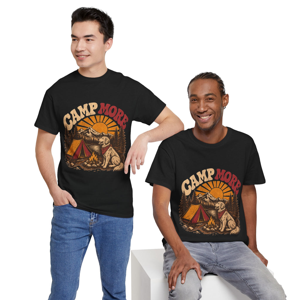 Camp More Camping T-Shirt — Retro Sunset Tent & Dog Outdoor Tee