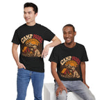 Camp More Camping T-Shirt — Retro Sunset Tent & Dog Outdoor Tee