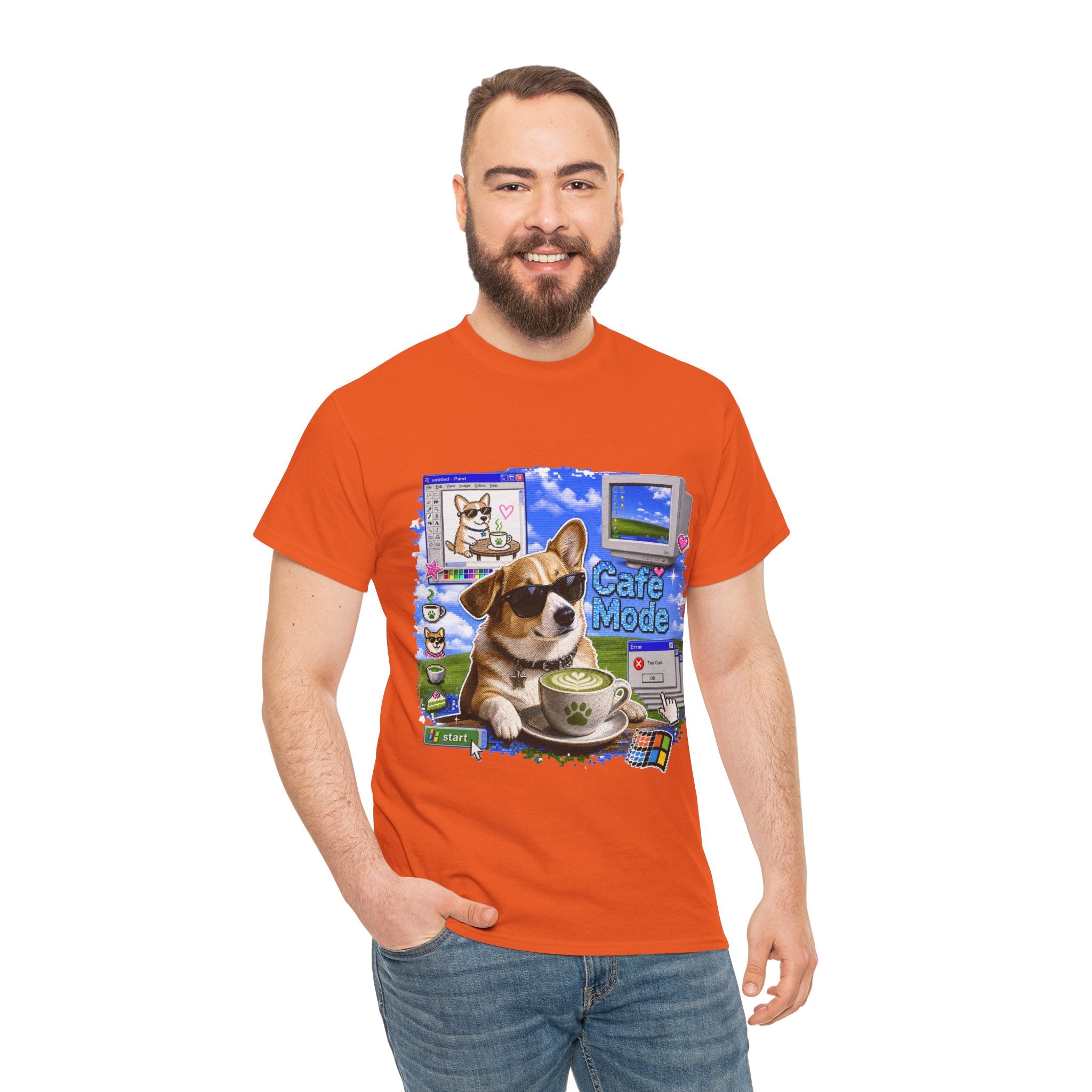 Café Mode Tee — Retro Vaporwave Corgi Coffee T-Shirt