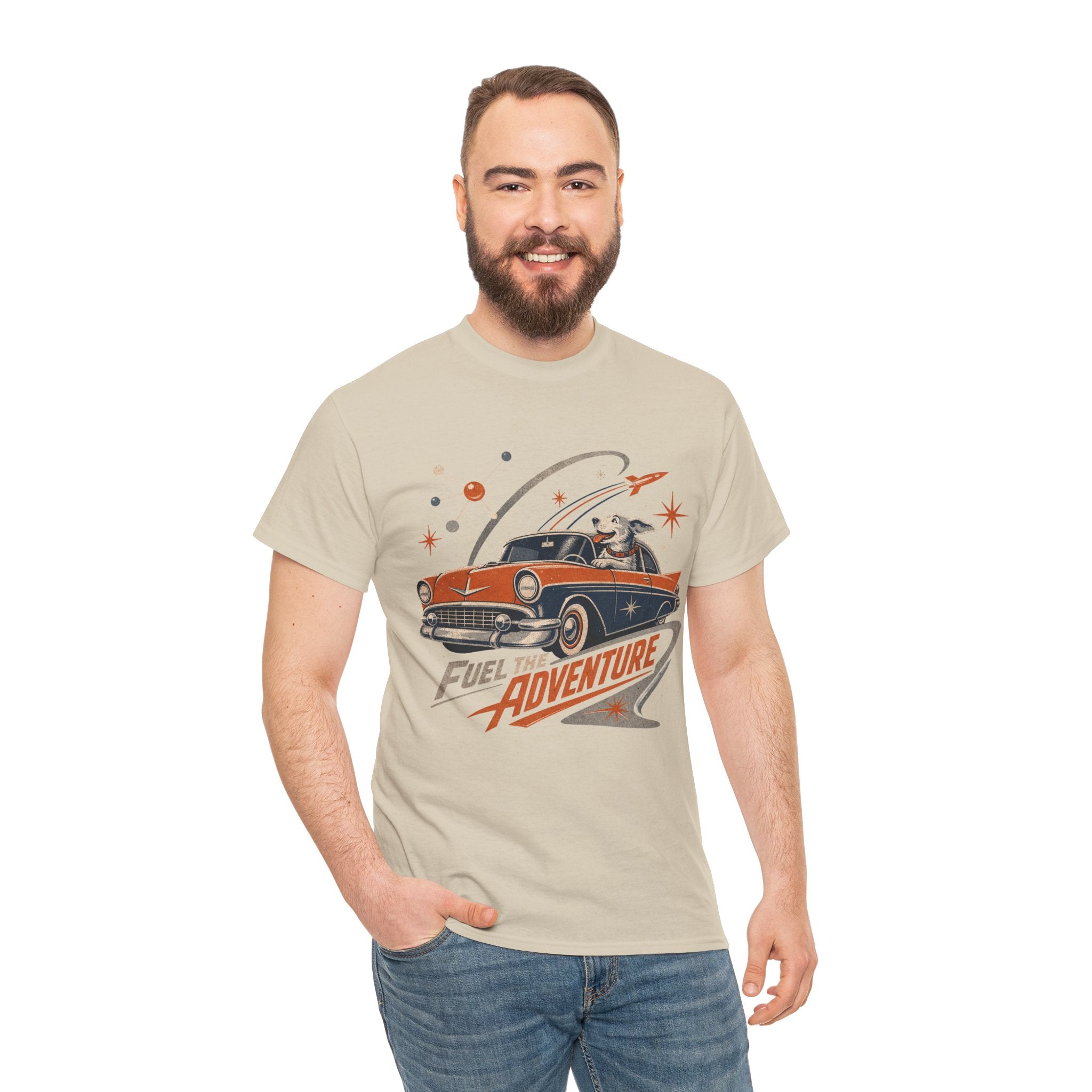 Retro Space Dog Driving Classic Car Tee | Vintage Rocket Adventure