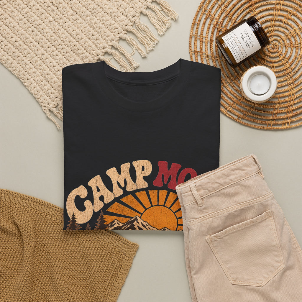 Camp More Camping T-Shirt — Retro Sunset Tent & Dog Outdoor Tee