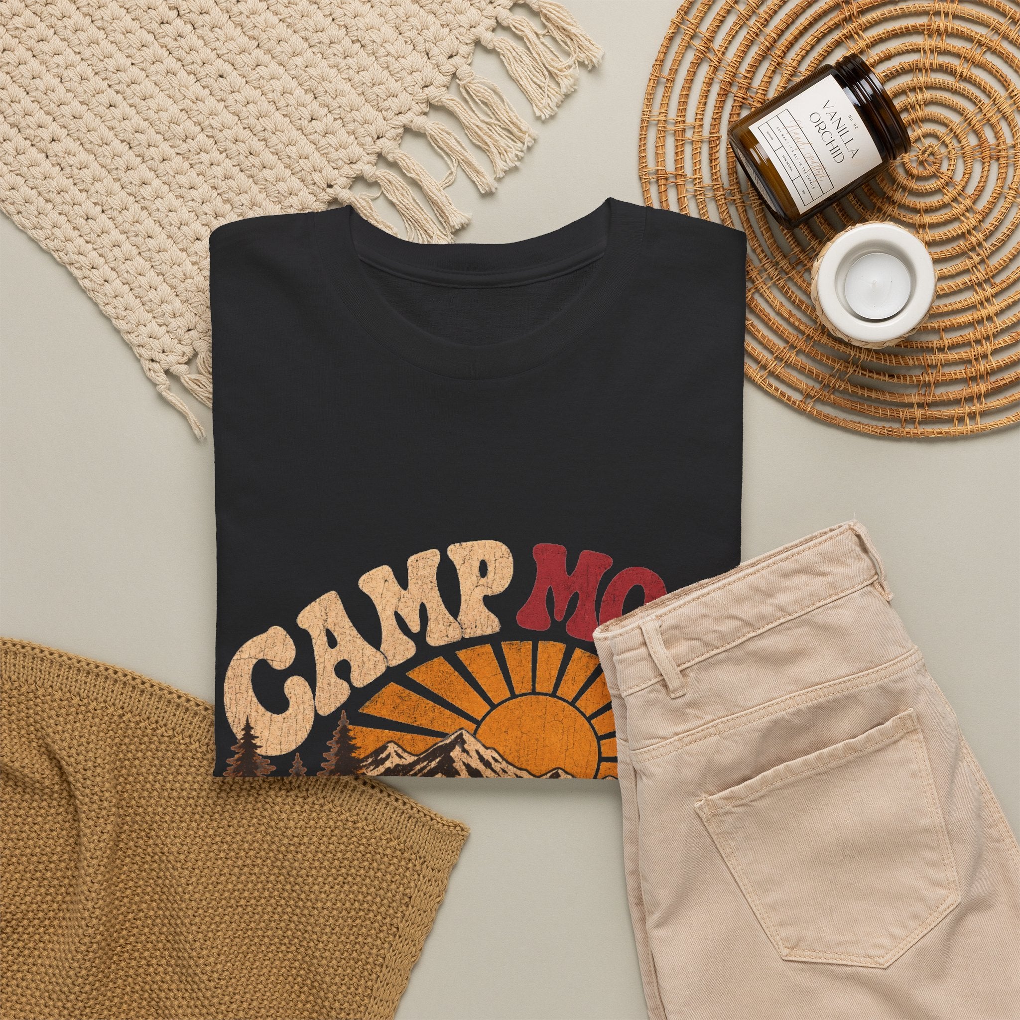 Camp More Camping T-Shirt — Retro Sunset Tent & Dog Outdoor Tee