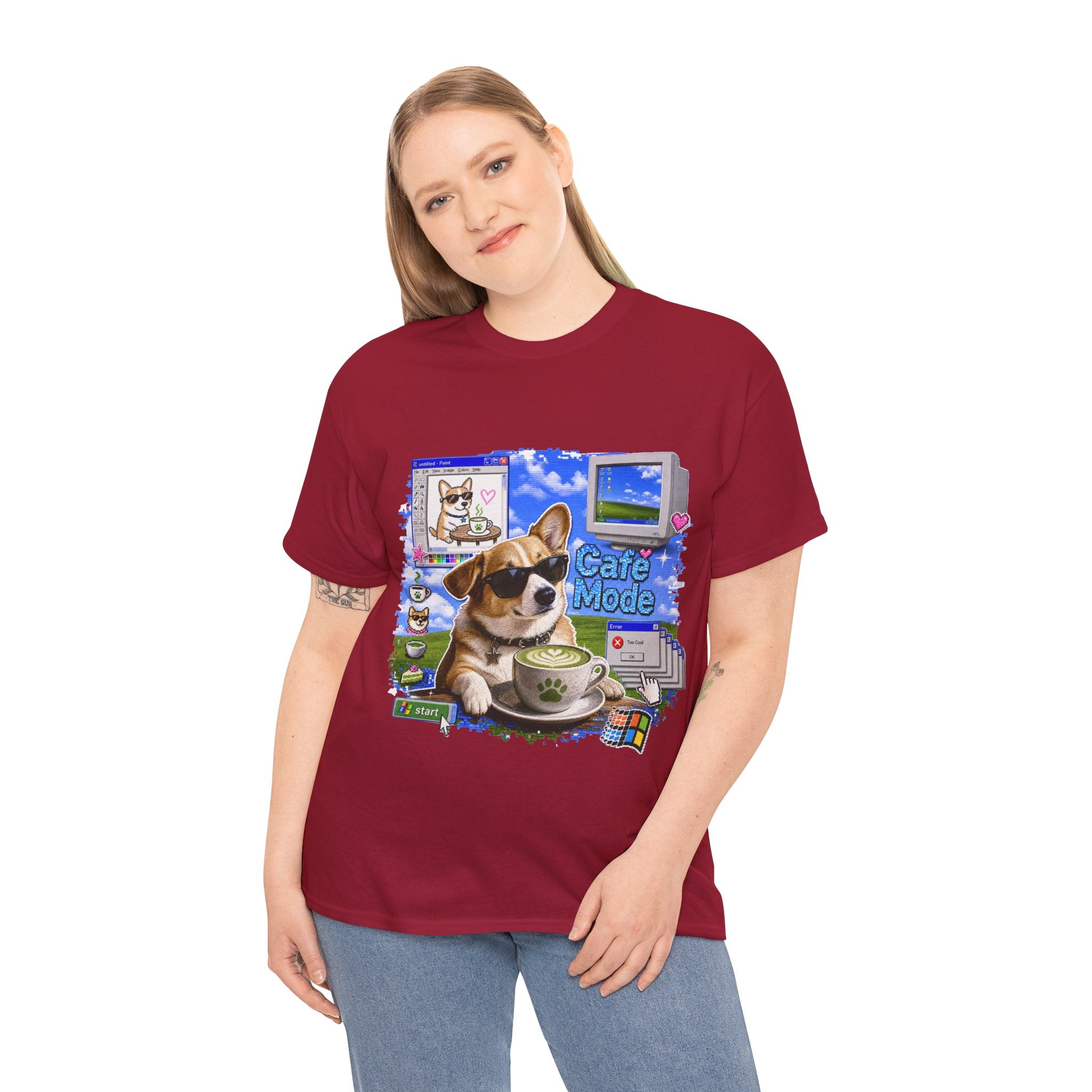 Café Mode Tee — Retro Vaporwave Corgi Coffee T-Shirt