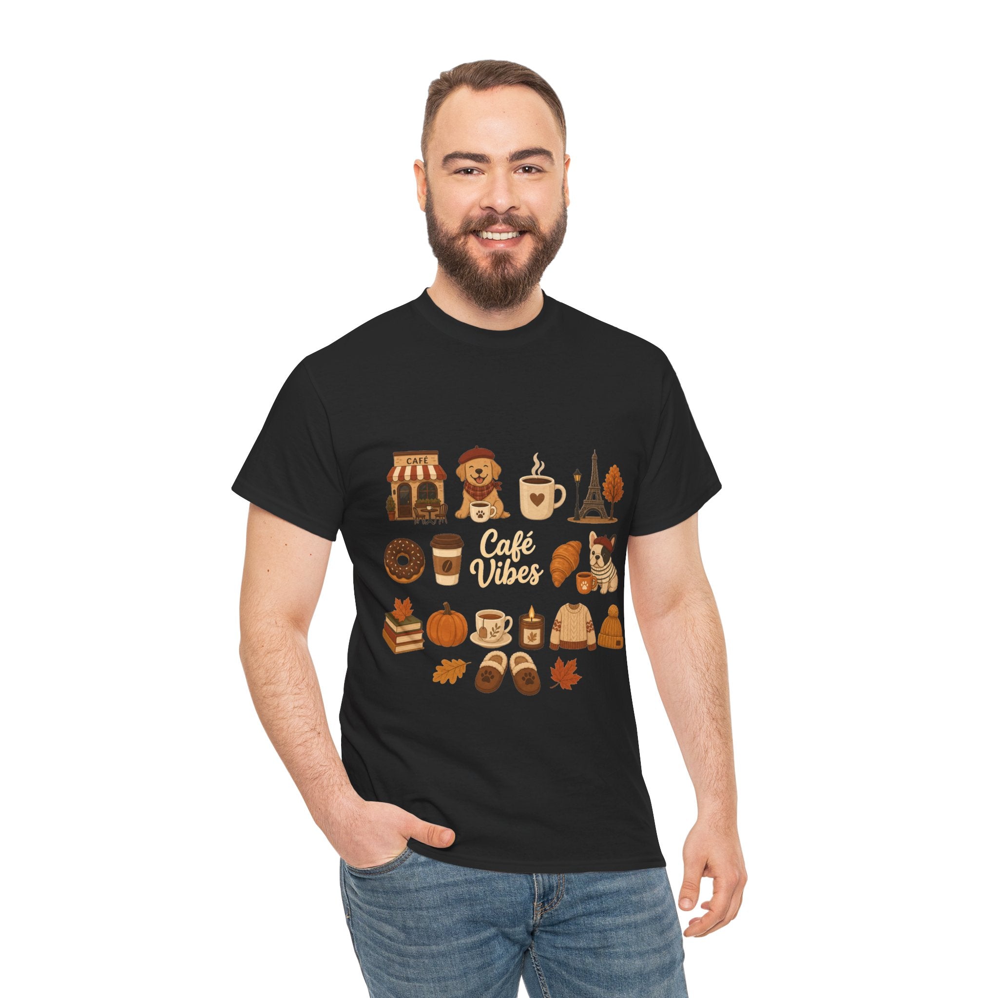Cafe Vibes Tee — Cozy Autumn Coffee, Dogs & Pumpkin Graphic T-Shirt