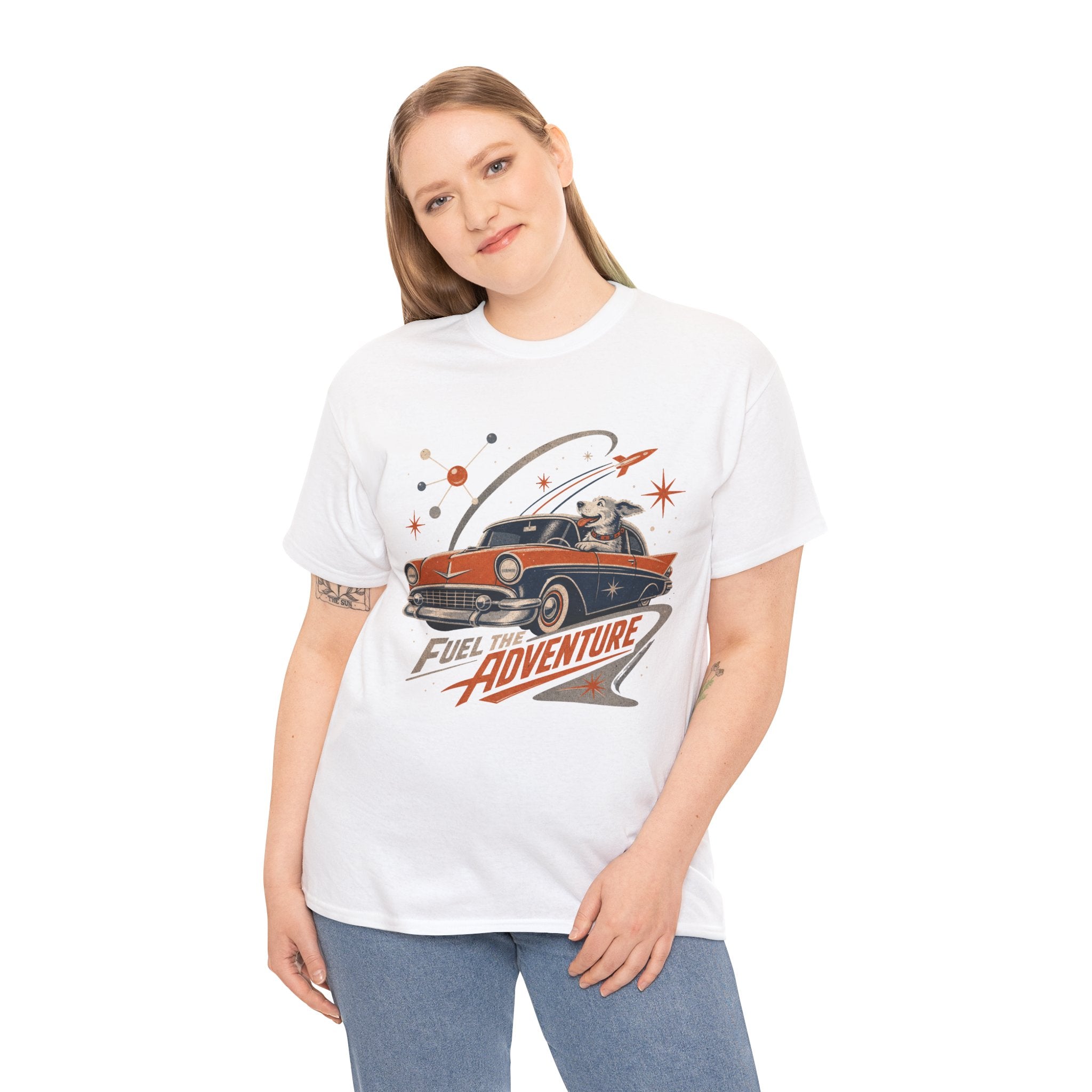 Retro Space Dog Driving Classic Car Tee | Vintage Rocket Adventure