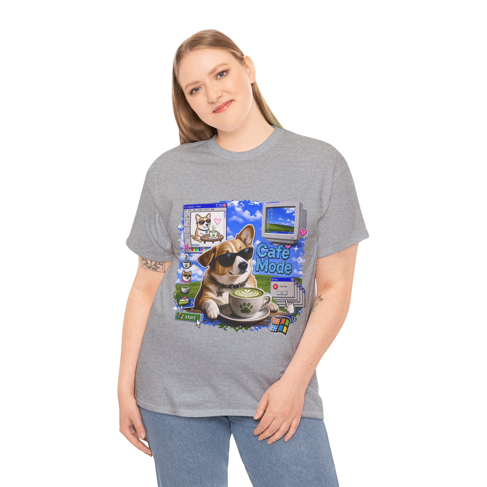 Café Mode Tee — Retro Vaporwave Corgi Coffee T-Shirt