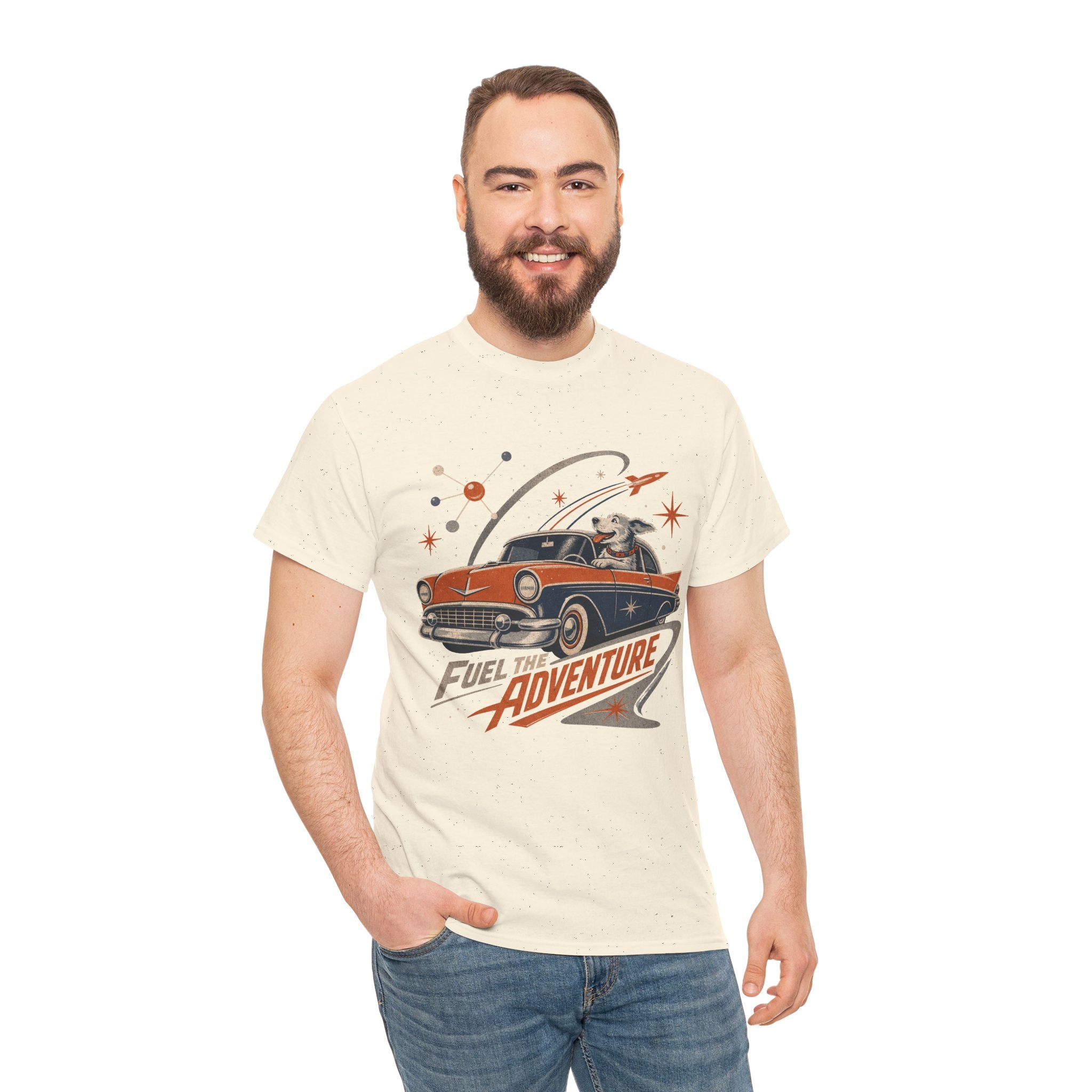 Retro Space Dog Driving Classic Car Tee | Vintage Rocket Adventure