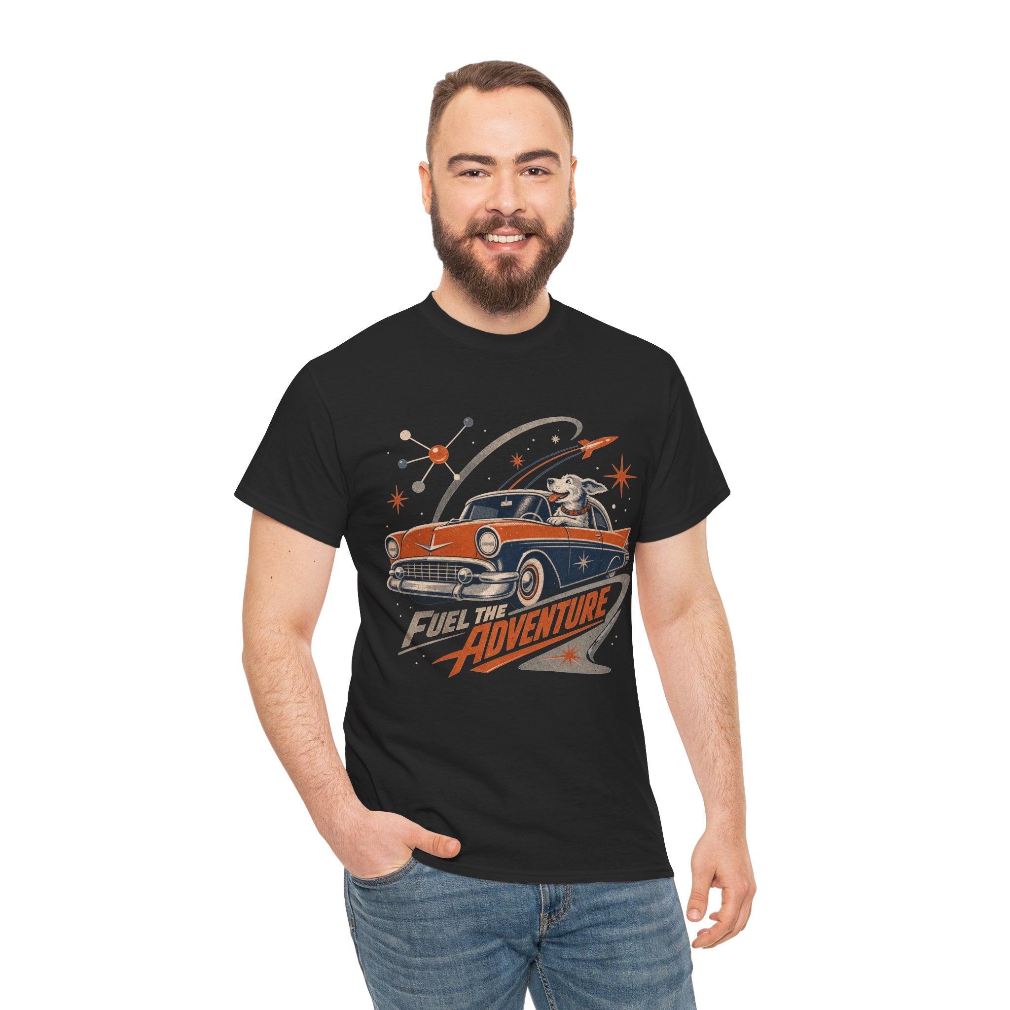 Retro Space Dog Driving Classic Car Tee | Vintage Rocket Adventure